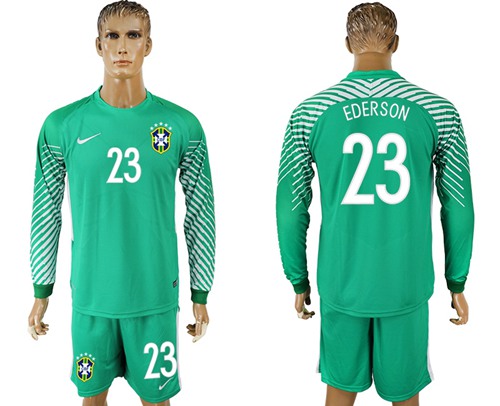 Brazil #23 Ederson Green Goalkeeper Long Sleeves Soccer Country Jersey